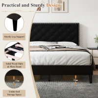Upholstered Velvet Double Bed Base with Adjustable Wood Headboard, Solid Wood Slats, Easy Assembly, 193L x 141W x 110H cm, Black(m-6)
