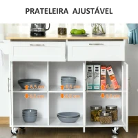 HOMCOM Carrinho de Cozinha com Rodas 2 Gavetas 3 Portas Prateleiras Ajustáveis e Barra para Sala de Jantar 121x46x91 cm Branco(m-5)