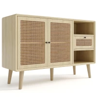 Modern Simple Sideboard with Woven Door Design, Drawers, and Unique Legs, 120L x 40W x 80H cm, Light Oak(m-14)