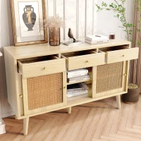 Modern Retro Rattan Door Sideboard with Adjustable Shelves, Smooth Slide Rail, and Wooden Frame, 120L x 40W x 78H cm, Light Oak(m-8)