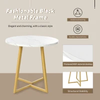 Modern Round Dining Table with Marble Pattern and Gold Metal Frame, Multi-Purpose Design, 80L x 80W x 75H cm, Gold+White(m-5)