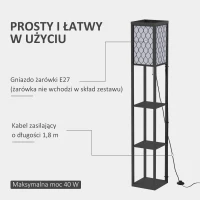 HOMCOM Lampa stojąca z półkami oświetlenie wewnętrzne e27 do 40w drewno czarna 26 x 26 x 160 cm(m-7)