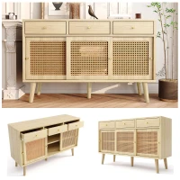 Modern Retro Rattan Door Sideboard with Adjustable Shelves, Smooth Slide Rail, and Wooden Frame, 120L x 40W x 78H cm, Light Oak(m-4)