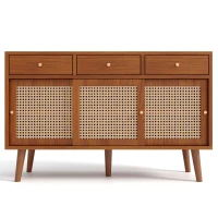 Retro Wooden Sideboard with Rattan Door Design, 3 Drawers and Storage Compartments, Ideal for Dining and Living Room, Natural Walnut(m-2)