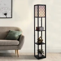 HOMCOM Lampa stojąca z półkami oświetlenie wewnętrzne e27 do 40w drewno czarna 26 x 26 x 160 cm(m-10)