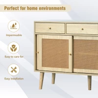 Modern Retro Rattan Door Sideboard with Adjustable Shelves, Smooth Slide Rail, and Wooden Frame, 120L x 40W x 78H cm, Light Oak(m-6)
