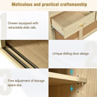 Modern Retro Rattan Door Sideboard with Adjustable Shelves, Smooth Slide Rail, and Wooden Frame, 120L x 40W x 78H cm, Light Oak(m-7)