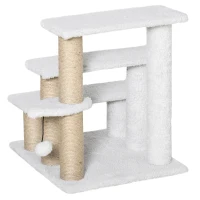 PawHut Katzentreppe 3-stufige Haustiertreppe mit Kratzsäulen Ball Hundetreppe Tiertreppe für Katzen bis 5 kg Plüsch Jute Weiß 45 x 40 x 48 cm(m-15)