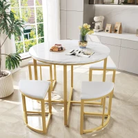 5 Piece Modern Marble Dining Table and Chair Set with Semi-Circular Stools, Space-Saving Design for Apartments and Restaurants, Gold+White(m-1)