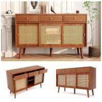 Retro Wooden Sideboard with Rattan Door Design, 3 Drawers and Storage Compartments, Ideal for Dining and Living Room, Natural Walnut(m-4)