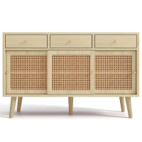 Modern Retro Rattan Door Sideboard with Adjustable Shelves, Smooth Slide Rail, and Wooden Frame, 120L x 40W x 78H cm, Light Oak(m-2)