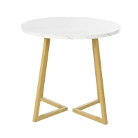 Modern Round Dining Table with Marble Pattern and Gold Metal Frame, Multi-Purpose Design, 80L x 80W x 75H cm, Gold+White(m-2)