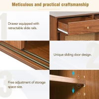 Retro Wooden Sideboard with Rattan Door Design, 3 Drawers and Storage Compartments, Ideal for Dining and Living Room, Natural Walnut(m-7)