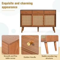 Retro Wooden Sideboard with Rattan Door Design, 3 Drawers and Storage Compartments, Ideal for Dining and Living Room, Natural Walnut(m-5)