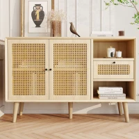 Modern Simple Sideboard with Woven Door Design, Drawers, and Unique Legs, 120L x 40W x 80H cm, Light Oak(m-1)