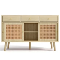 Modern Retro Rattan Door Sideboard with Adjustable Shelves, Smooth Slide Rail, and Wooden Frame, 120L x 40W x 78H cm, Light Oak(m-14)