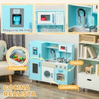 AIYAPLAY Cocina de Madera Infantil con Sonido Fogón Horno Grifo Fregadero Microondas Lavadora Máquina de Hielo Azul(m-4)