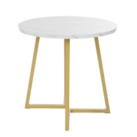 Modern Round Dining Table with Marble Pattern and Gold Metal Frame, Multi-Purpose Design, 80L x 80W x 75H cm, Gold+White(m-11)