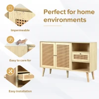 Modern Simple Sideboard with Woven Door Design, Drawers, and Unique Legs, 120L x 40W x 80H cm, Light Oak(m-6)