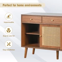 Retro Wooden Sideboard with Rattan Door Design, 3 Drawers and Storage Compartments, Ideal for Dining and Living Room, Natural Walnut(m-6)