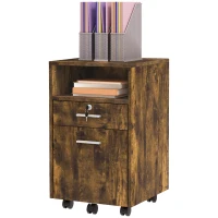 Vinsetto Comodă de Birou cu 2 Sertare și Raft Deschis, Mobilier cu 5 Rotile, Încuietoare și 2 Chei, 39x40x65 cm, Maro(m-10)