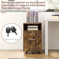 Vinsetto Comodă de Birou cu 2 Sertare și Raft Deschis, Mobilier cu 5 Rotile, Încuietoare și 2 Chei, 39x40x65 cm, Maro(m-4)