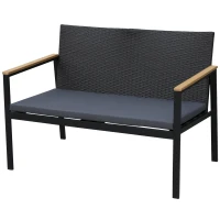 Outsunny Set Mobilier de Grădină din Ratan din 2 Scaune cu Brațe pentru Terasă, Bancă și Masă de Cafea, 80x42x37 cm, Negru(m-7)