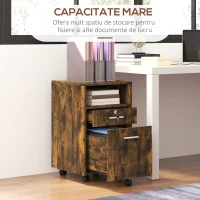 Vinsetto Comodă de Birou cu 2 Sertare și Raft Deschis, Mobilier cu 5 Rotile, Încuietoare și 2 Chei, 39x40x65 cm, Maro(m-7)
