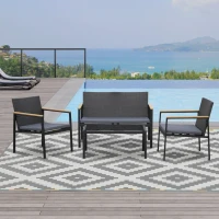 Outsunny Set Mobilier de Grădină din Ratan din 2 Scaune cu Brațe pentru Terasă, Bancă și Masă de Cafea, 80x42x37 cm, Negru(m-2)
