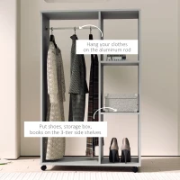 HOMCOM Open Wardrobe on Wheels, Bedroom Wardrobe with Clothes Hanging Rail, 3 Storage Shelves, Mobile Garment Rack for Cloakroom, Hallway, Grey(m-7)