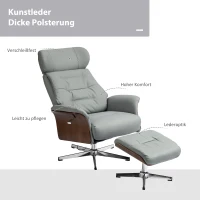 HOMCOM Relaxstoel met Hoker, Ligfunctie, Draaibaar, Lederoptiek, tot 150 kg, Lichtgrijs(m-6)
