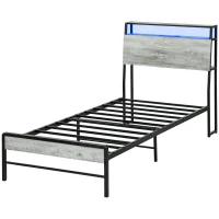 HOMCOM Single Steel Bed Frame, with LED Lights and Headboard Shelf - Grey(m-11)