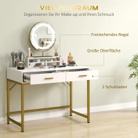HOMCOM Kaptafel met 360° Spiegel, LED-verlichting, 2 Laden, Wit/Goud(m-7)