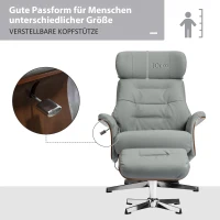 HOMCOM Relaxstoel met Hoker, Ligfunctie, Draaibaar, Lederoptiek, tot 150 kg, Lichtgrijs(m-5)
