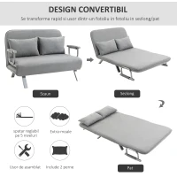 HOMCOM Canapea Pat de 2 Locuri cu Spătar Reglabil pe 5 Nivele, Canapea Pat Pliabilă cu 2 Perne, 105x80x78 cm, Gri Deschis(m-4)