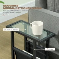 HOMCOM Metalowy stolik pomocniczy z torbą z tkaniny i blatem ze szkła, wąski stolik do salonu, sypialni, Czarny(m-6)