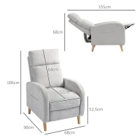 HOMCOM Poltrona Relax Reclinável Manual Estofada em Linho Sintético com Apoio para os Pés e Bolso Lateral 68x90x106 cm Cinza Claro(m-3)