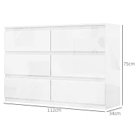 HOMCOM Cómoda com 6 Gavetas de Madeira Cómoda de Dormitório Cómoda Branca Estilo Moderno 112x34x75 cm Branco Brilhante(m-3)