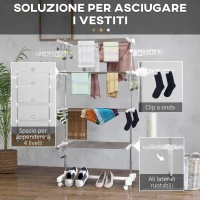 HOMCOM Stendino Verticale Pieghevole in Acciaio e Plastica con 6 Ruote e 4 Ripiani Regolabili, 142x55x172 cm(m-5)