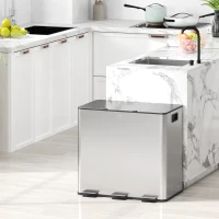 HOMCOM Balde de Lixo de Cozinha com 3 Compartimentos 3x15L com Pedais Tampas com Fechamento Suave e Cubo Amovível Prata(m-2)