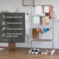 HOMCOM Stendino Verticale Pieghevole in Acciaio e Plastica con 6 Ruote e 4 Ripiani Regolabili, 142x55x172 cm(m-8)
