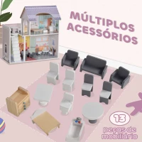 AIYAPLAY Casa de Bonecas com Móveis e Acessórios Casa de Bonecas de Madeira com Varanda e 2 Andares  60x26,6x60 cm Multicor(m-5)