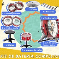 AIYAPLAY Bateria Infantil com Banco Bateria para Crianças acima de 3 Anos com Pedal e Baqueta Desenho de Estrelas 65x22x57 cm Vermelho(m-5)