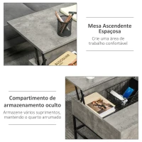 HOMCOM Mesa de Centro Elevável Mesa de Café Versátil com Armazenamento Oculto Pés de Metal 90x60,5x45,5 cm Cinzento e Preto(m-6)