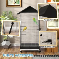 PawHut Colivie pentru Păsări, Volieră cu Tavă Detașabilă, Roți Pivotante și Hrănitoare, 79x65x155 cm, Negru(m-8)