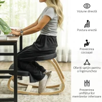 HOMCOM Scaun genunchi ergonomic, din Țesătură cu Aspect de In și Lemn, 50x73x55 cm, Negru(m-5)