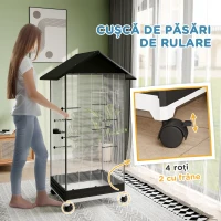 PawHut Colivie pentru Păsări, Volieră cu Tavă Detașabilă, Roți Pivotante și Hrănitoare, 79x65x155 cm, Negru(m-7)
