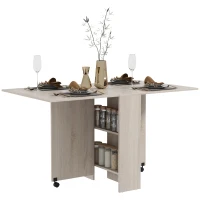 HOMCOM Mesa Plegable con 2 Alas Abatibles de Madera 2 Estantes y Ruedas para Cocina Comedor 80x140x74 cm Madera Natural(m-1)