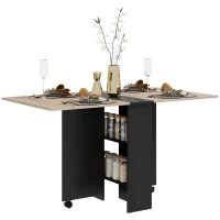 HOMCOM Folding Dining Table, Drop Leaf Table for Small Spaces with 2-tier Shelves, Small Kitchen Table with Rolling Casters, Oak and Black(m-1)
