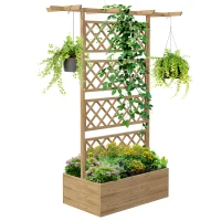 Outsunny Plantenbak met Klimrek, Vierkante Houten Plantenbox met Rugleuning Spalier voor Klimplanten en Dak(m-10)